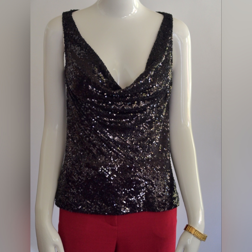 Naeem Khan Sequinned Cowl Neck Tank Top Black Sz 4
